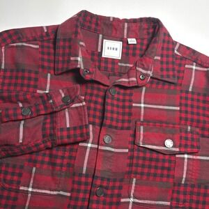 ROWM Patchwork Flannel Shirt Jacket Shacket Men's L Long Sleeve Snap Button Soft
